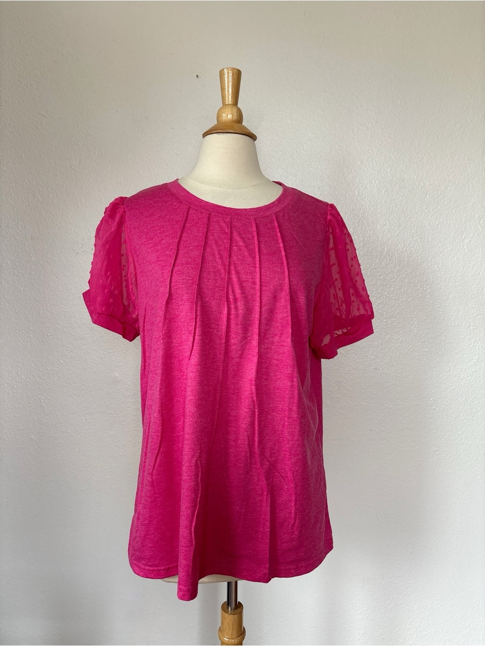 Solid Pink Sheer Short Swiss Dot Sleeve Top